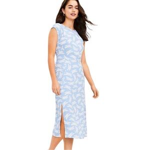 LOFT Light Blue Dragonfly Print Midi Retro Vintage Silhouette Dress NEW
